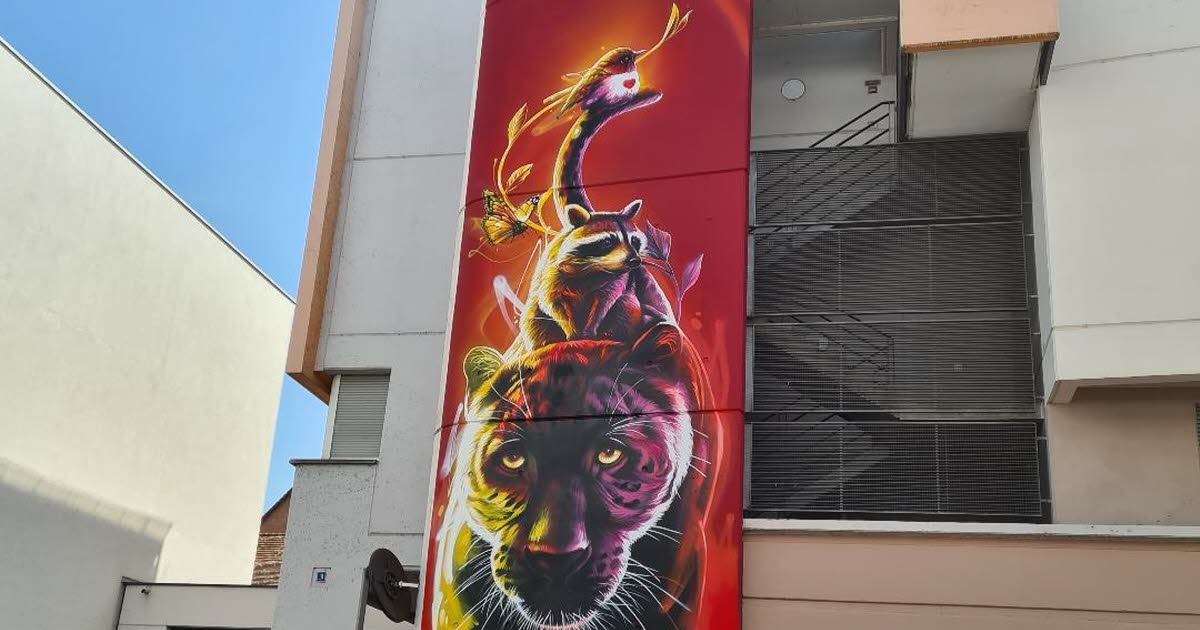 Schiltigheim. Street art: tre affreschi colorati di Dan 23 sono installati in rue de-Lattre-de-Tassigny.